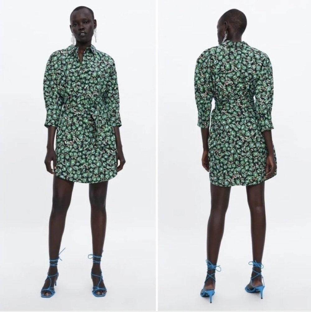 ZARA Green Floral Mod Retro Cotton Casual Bohemian Mini Dress Size Small